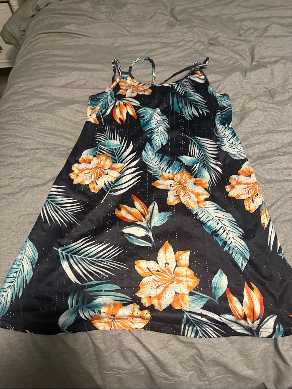 Black Tropical Floral Slip Dress with Orange Accents - Picture 2 of 5